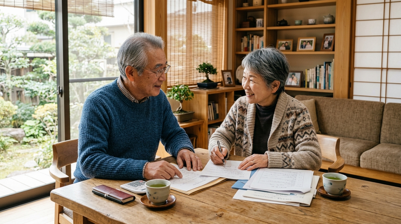 日本の落ち着いた和風リビングで書類を見ながら穏やかに将来について相談する日本人シニア夫婦